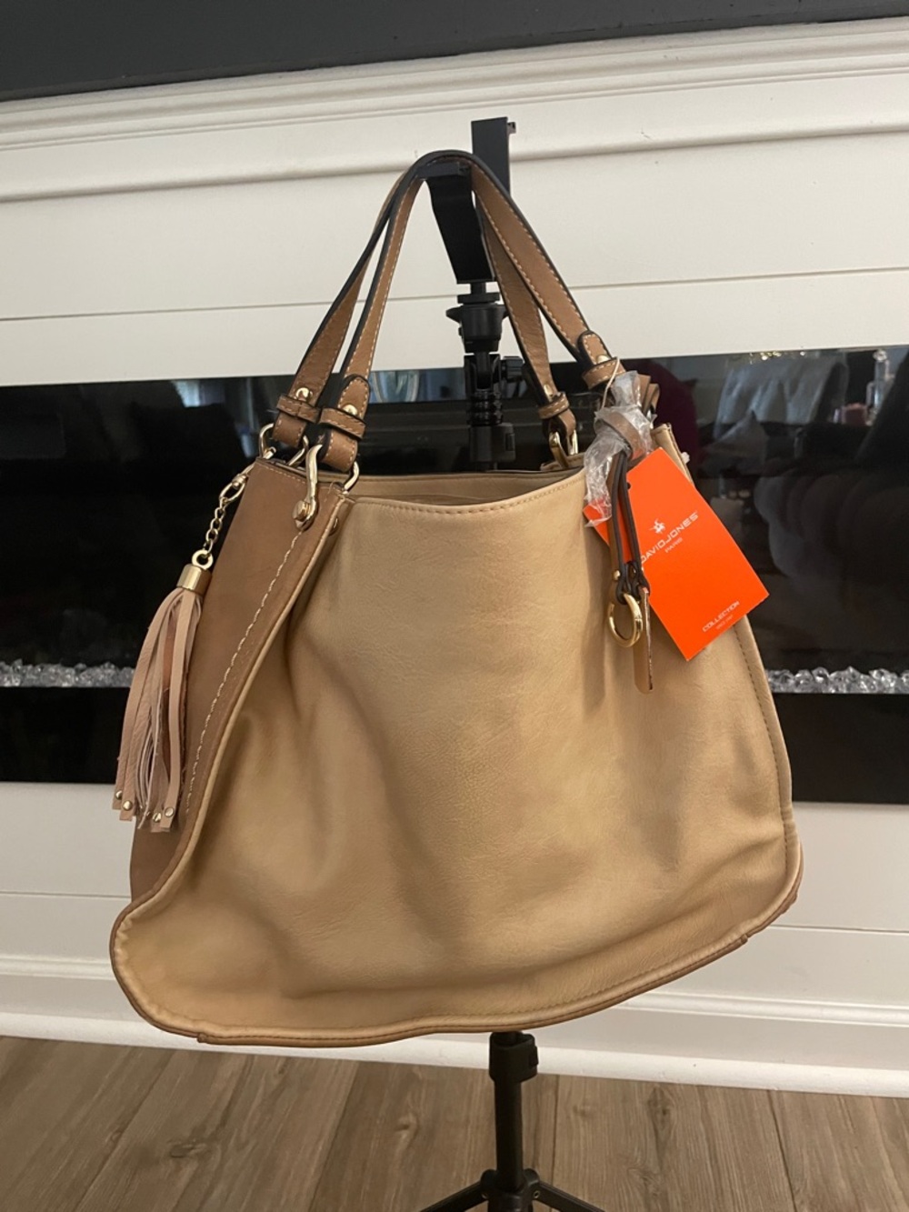 Tan Leather Shoulder Tote with Tassel Accent
